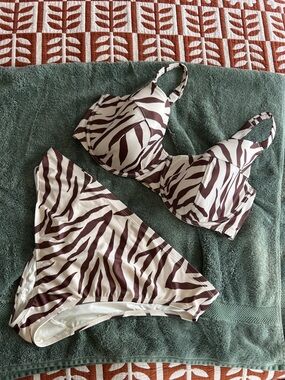 Cacique Midi High-Leg Cheeky Bikini Bottom cream brown zebra print NWOT size 16